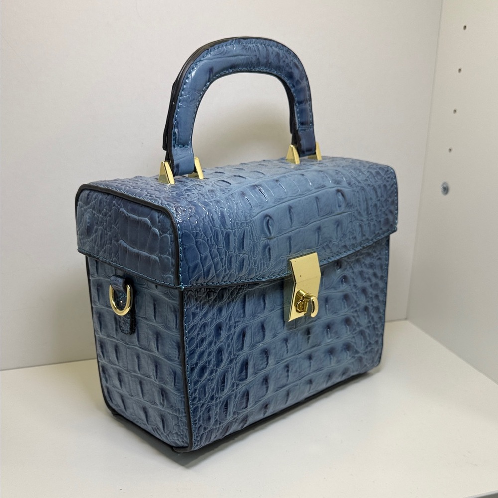 Structured Blue Croc-Embossed Top-Handle Satchel - Picture 2 of 9